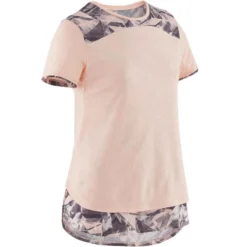 T-Shirt Manches Courtes Coton Respirant 500 Fille GYM ENFANT Rose Chiné AOP Gris -Sportmania 8577895