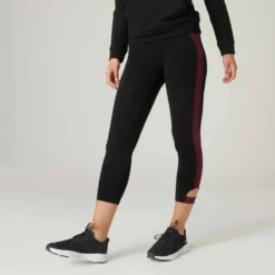 Legging Fitness 7/8 Coton Extensible Respirant Femme - Noir Bordeaux -Sportmania 8578232