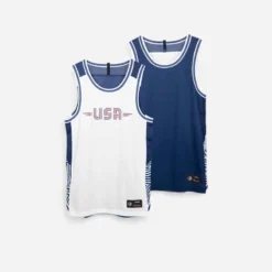 MAILLOT BASKETBALL SANS MANCHE REVERSIBLE HOMME/FEMME - T500R BLANC MARINE USA -Sportmania 8606939