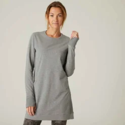 T-shirt Fitness Manches Longues Slim Coton Extensible Col Rond Femme Gris -Sportmania 8611830