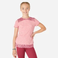 T-Shirt Manches Courtes Coton Respirant 500 Fille GYM ENFANT Rose Chiné AOP Gris -Sportmania 8669235