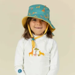 Chapeau Anti UV Bébé Réversible Jaune Et Bleu Imprimé SAVANE -Sportmania chapeau anti uv bebe reversible bleu et imprime palmiers 2