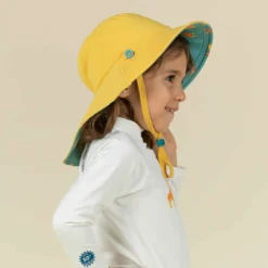 Chapeau Anti UV Bébé Réversible Jaune Et Bleu Imprimé SAVANE -Sportmania chapeau anti uv bebe reversible bleu et imprime palmiers 3
