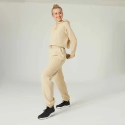 Sweat à Capuche Crop Fitness Femme - 520 Beige -Sportmania hoodie 520 cropped a capuche majorite coton fitness beige 5