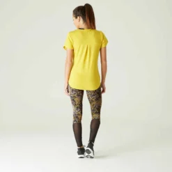 Legging Fitness 7/8 Coton Extensible Avec Mesh Femme - Jaune -Sportmania legging coton extensible fitness taille haute avec mesh jaune avec imprime 2