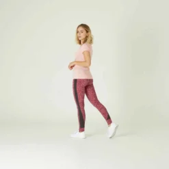 Legging Fitness Long Coton Extensible Taille Haute Femme - Rose Vif Avec Imprimé -Sportmania legging coton extensible fitness taille haute rose avec imprime 2