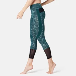 Legging Court De Sport Taille Haute 520 Femme 7/8 En Coton Bleu Canard Printé