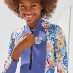 Maillot De Bain 1 Pièce Manches Longues FILLE Bleu Orage -Sportmania maillot de bain 1 piece manches longues noir turquoise 4