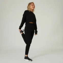 Sweat Crop Fitness Femme - 520 Noir -Sportmania sweat 520 crop col rond avec lien de serrage majorite coton fitness noir 5