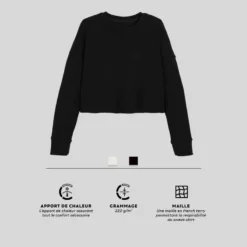 Sweat Crop Fitness Femme - 520 Noir -Sportmania sweat 520 crop col rond avec lien de serrage majorite coton fitness noir 7