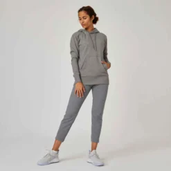 Sweat à Capuche Long Fitness Femme - 500 Essentials Gris -Sportmania sweat shirt a capuche long col rond femme droit 500 essentials gris 2