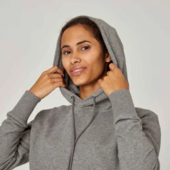 Sweat à Capuche Long Fitness Femme - 500 Essentials Gris -Sportmania sweat shirt a capuche long col rond femme droit 500 essentials gris 3