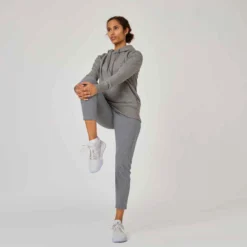 Sweat à Capuche Long Fitness Femme - 500 Essentials Gris -Sportmania sweat shirt a capuche long col rond femme droit 500 essentials gris 5
