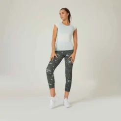 T-shirt Fitness Manches Courtes Slim Coton Extensible Col En V Femme Vert -Sportmania t shirt coton extensible fitness avec mesh slim noir 2