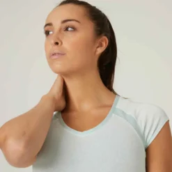 T-shirt Fitness Manches Courtes Slim Coton Extensible Col En V Femme Vert -Sportmania t shirt coton extensible fitness avec mesh slim noir 3