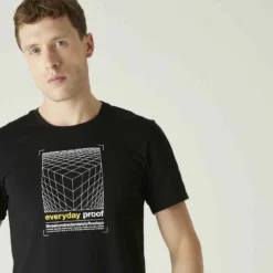 T-shirt Fitness Manches Courtes Slim Coton Col Rond Homme Noir à Motifs -Sportmania t shirt coton extensible fitness slim 15