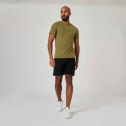 T-shirt Fitness Manches Courtes Ajusté Col Rond Coton Homme - Kaki Avec Imprimé -Sportmania t shirt coton extensible fitness slim 2