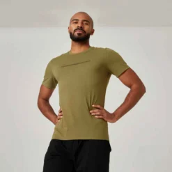 T-shirt Fitness Manches Courtes Ajusté Col Rond Coton Homme - Kaki Avec Imprimé