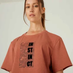 T-shirt Crop Top Fitness Femme - 520 Marron Sépia -Sportmania t shirt crop top fitness manches courtes droit col rond coton femme 520 blanc 3