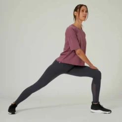 T-shirt Loose Fitness Femme - 520 Violet Raisin -Sportmania t shirt fitness manches courtes large col rond coton femme 520 loose raisin 5