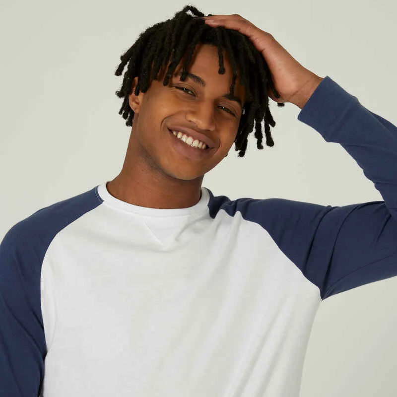 T-shirt Manches Longues Fitness Homme - 520 Blanc Et Bleu 3 T-shirt Manches Longues Fitness Homme - 520 Blanc Et Bleu – Image 3