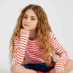 Tribord T-Shirt Manches Longues - Marinière De Voile Sailing 100 Fille Blanc Rouge -Sportmania t shirt manches longues sailing 100 fille gris 3