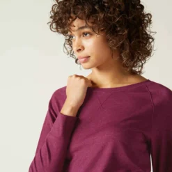 T-shirt Fitness Manches Longues Droit Col Rond Coton Femme - 500 Violet -Sportmania t shirt manches longues sport pilates gym douce femme 500 regular beige imprime 3