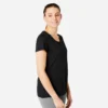 T-shirt Fitness Manches Courtes Droit Coton Extensible Col Rond Femme Noir