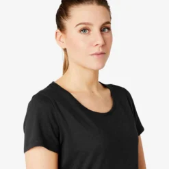 T-shirt Fitness Manches Courtes Droit Coton Extensible Col Rond Femme Noir -Sportmania t shirt regular 500 femme noir 4