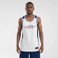 MAILLOT BASKETBALL SANS MANCHE REVERSIBLE HOMME/FEMME - T500R BLANC MARINE USA