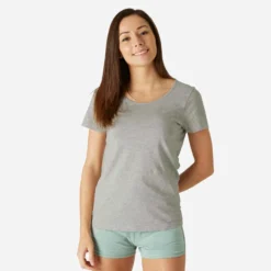 T-shirt Fitness Manches Courtes Droit Coton Col Rond Femme Gris