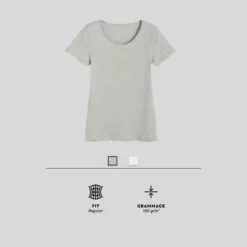 T-shirt Fitness Manches Courtes Droit Coton Col Rond Femme Gris -Sportmania t shirt sportee 100 coton femme rose 6