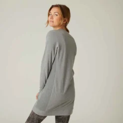 T-shirt Fitness Manches Longues Slim Coton Extensible Col Rond Femme Gris -Sportmania t shirt tunique coton extensible fitness 1